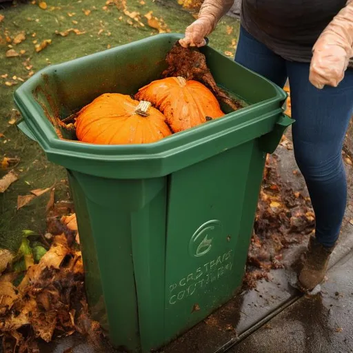 Prompt: A soggy pumpkin being disposed into a green composting bin.
