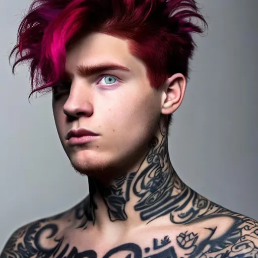 Prompt: A young male with a neck tattoo, his hair is bright red and his eyes are purple. 