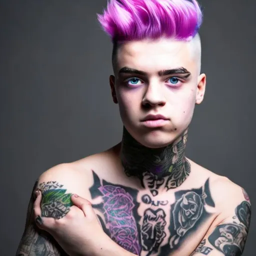 Prompt: A young male with a neck tattoo, his hair is pink and his eyes are purple. 