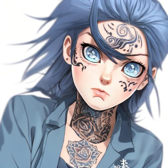 Prompt: A young female with a neck tattoo, her eyes are light blue and anime like.