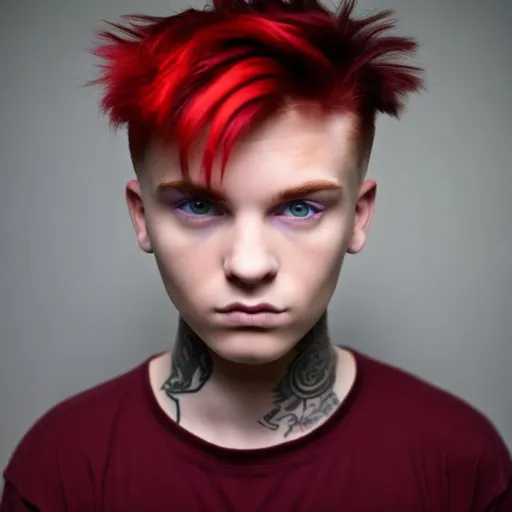 Prompt: A young male with a neck tattoo, his hair is bright red and his eyes are purple. 