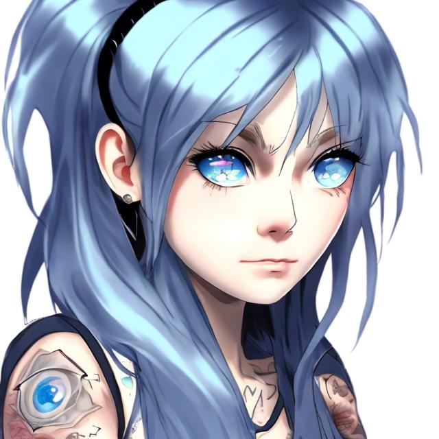 Prompt: A young female with a neck tattoo, her eyes are light blue and anime like.