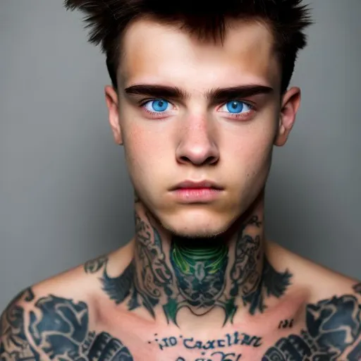 Prompt: A young male with a neck tattoo, his eyes are two different colors.