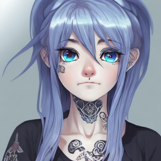 Prompt: A young female with a neck tattoo, her eyes are light blue and anime like.