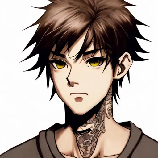 Prompt: A young male with a neck tattoo, his eyes are light brown and anime like.