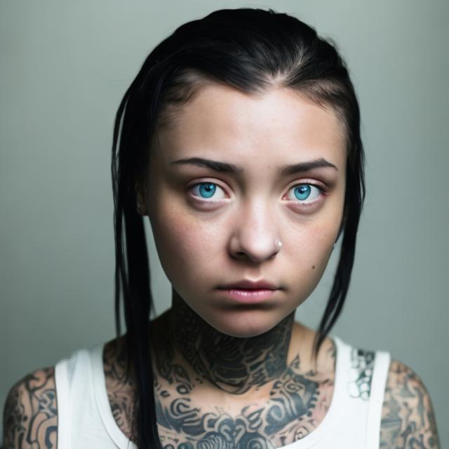 Prompt: A young female with a neck tattoo, her eyes are dark blue.