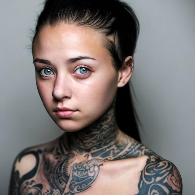 Prompt: A young female with a neck tattoo, her eyes are dark green.