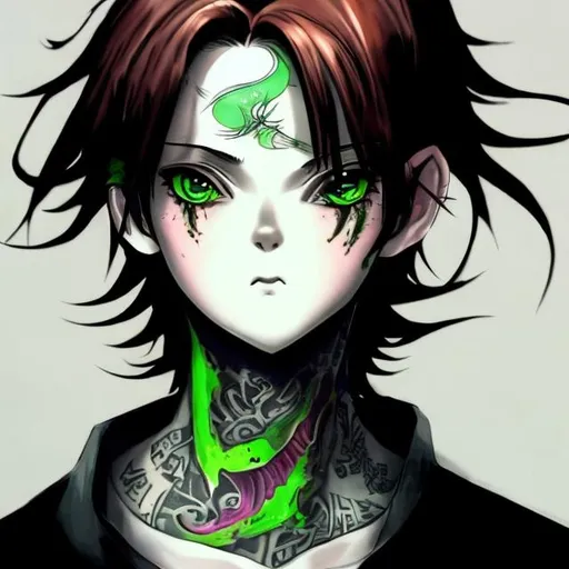 Prompt: A young female with a neck tattoo, his eyes are a deep green and more anime like.