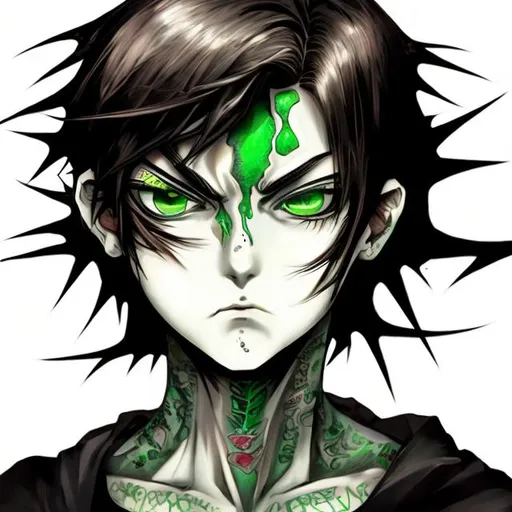 Prompt: A young female with a neck tattoo, his eyes are a deep green and more anime like.