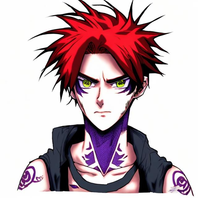 Prompt: A young male with a neck tattoo, his hair is bright red and his eyes are purple. He's anime-like.