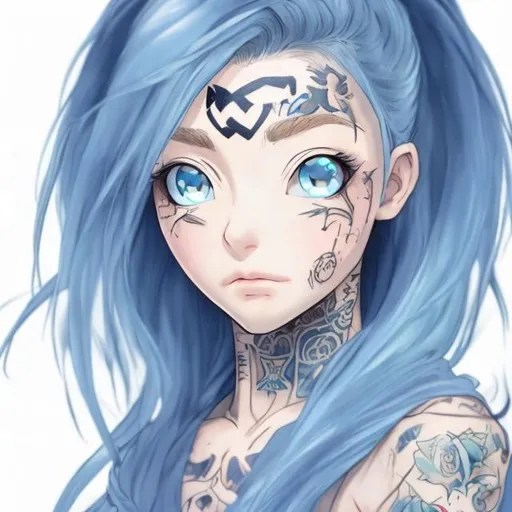Prompt: A young female with a neck tattoo, her eyes are light blue and anime like.