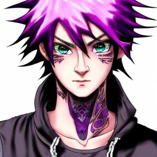 Prompt: A young male with a neck tattoo, his hair is pink and his eyes are purple. He's very anime-like.