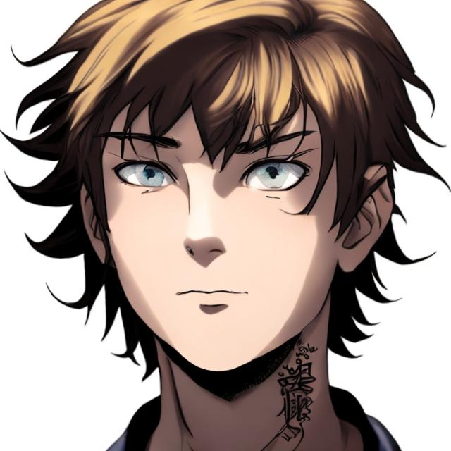 Prompt: A young male with a neck tattoo, his eyes are light brown and anime like.