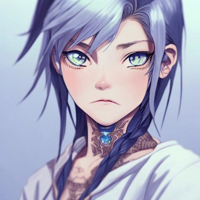 Prompt: A young female with a neck tattoo, her eyes are light blue and anime like.