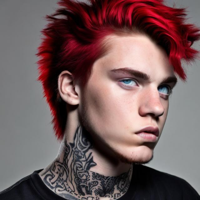 Prompt: A young male with a neck tattoo, his hair is bright red and his eyes are purple. 