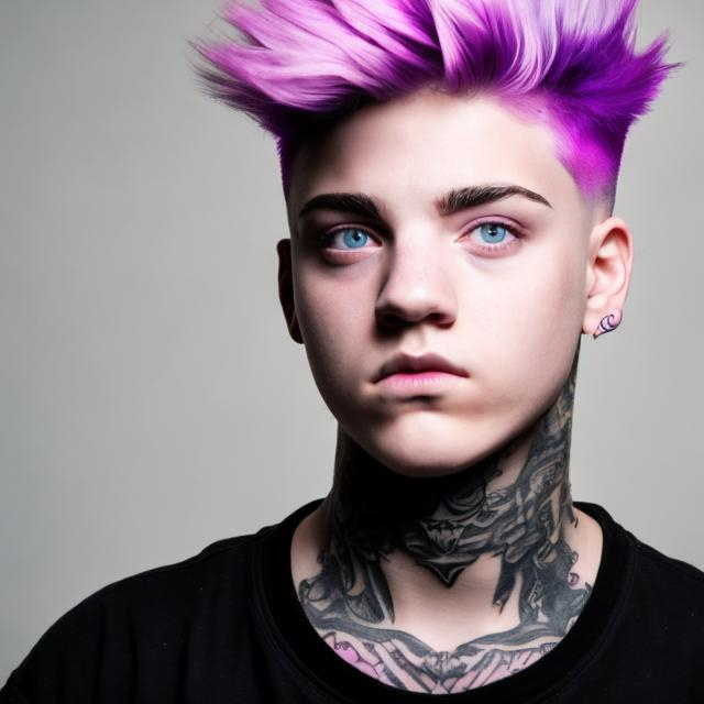 Prompt: A young male with a neck tattoo, his hair is pink and his eyes are purple. 