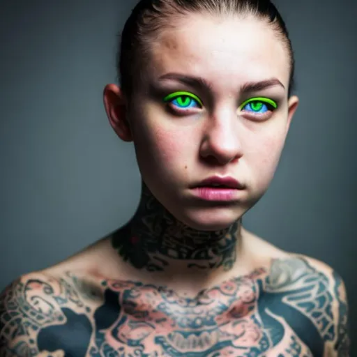 Prompt: A young female with a neck tattoo, his eyes are two different colors.