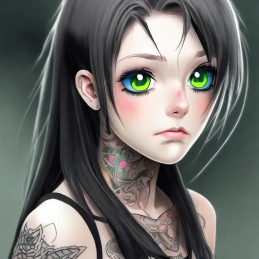 Prompt: A young female with a neck tattoo, her eyes are dark green and anime like.