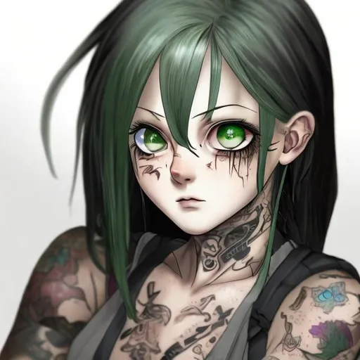 Prompt: A young female with a neck tattoo, her eyes are dark green and anime like.