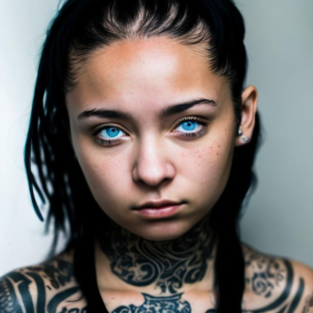 Prompt: A young female with a neck tattoo, her eyes are dark blue.