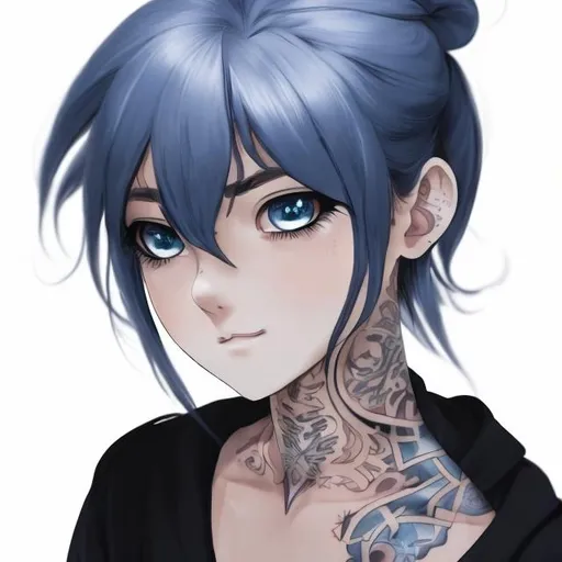 Prompt: A young female with a neck tattoo, her eyes are light blue and anime like.