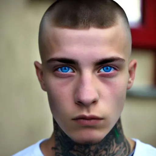 Prompt: A young male with a neck tattoo, his eyes are two different colors.