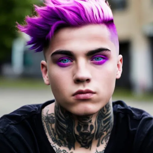 Prompt: A young male with a neck tattoo, his hair is pink and his eyes are purple. 