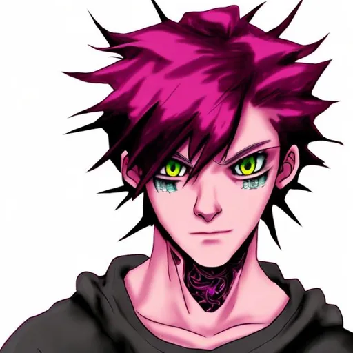 Prompt: A young male with a neck tattoo, his hair is bright red and his eyes are purple. He's anime-like.
