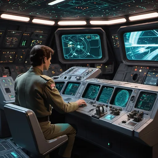 Prompt: bridge of an old starship in a background pilot controls, on foreground with holographic table