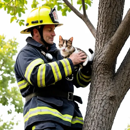 Prompt: Fireman takeing a cat from a tree