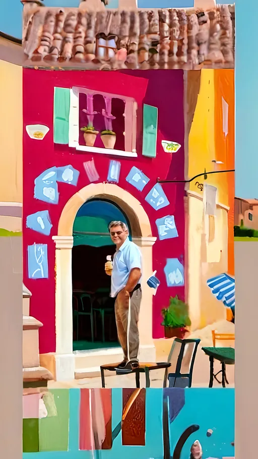 Prompt: (middle-aged man), (ancient Roman town), Italy, vibrant colors, David Hockney style, whimsical landscape, quaint architecture, sunny atmosphere, lively gelato scene, people enjoying gelato, artistic flair, high detail, rich textures, cheerful ambiance, outdoor dining, soft shadows, picturesque setting, engaging backdrop with colorful storefronts, sunny daytime lighting, 4K.