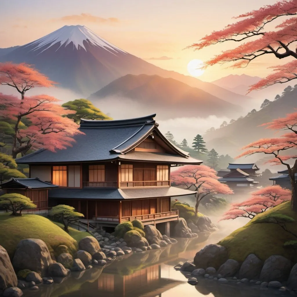 Prompt:  Create a serene scene of a traditional Japanese-style house nestled among towering mountains. The sunrise casts a warm glow over the landscape, illuminating the misty valleys below.