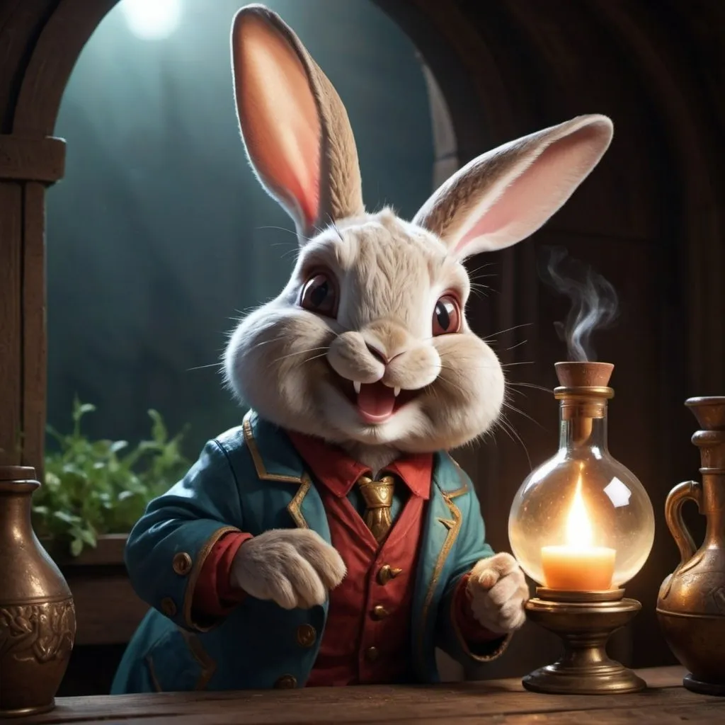 Prompt: Describe a close-up of the rabbit smiling triumphantly as the potion glows softly, signifying its success. The rabbit's joyful expression should be evident, and the glowing potion should be the focal point.