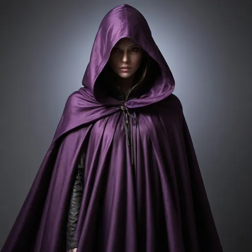 Prompt: Create a deep, rich purple cloak that appears as if it’s being worn by an invisible figure. The cloak should be slightly muted in tone, with the edges fading into darker shades. The fabric should have a fluid, shadowy appearance, as if it’s woven from the essence of darkness itself. The cloak should look as though it’s draped over an invisible body, with natural folds and contours, but without any visible person inside. The surface should have a subtle shimmer, adding to the ethereal and mysterious effect