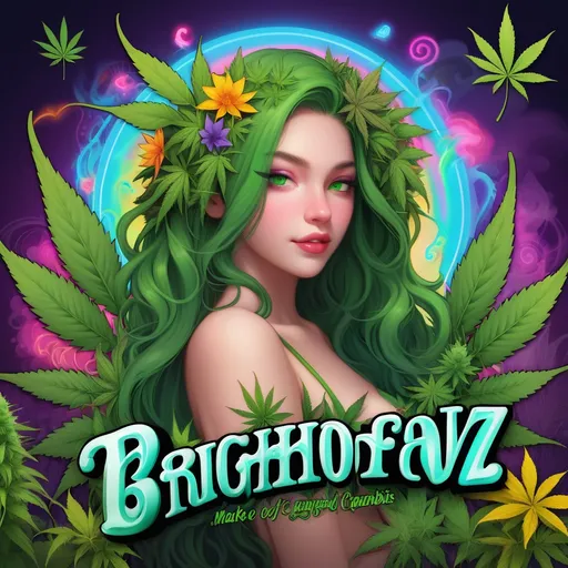 Prompt: Text: “BrightonFlavvz” in bold. Surrounded by cannabis sticky majestic buds and flower of cannabis. Make it green themed and cannabis themed.