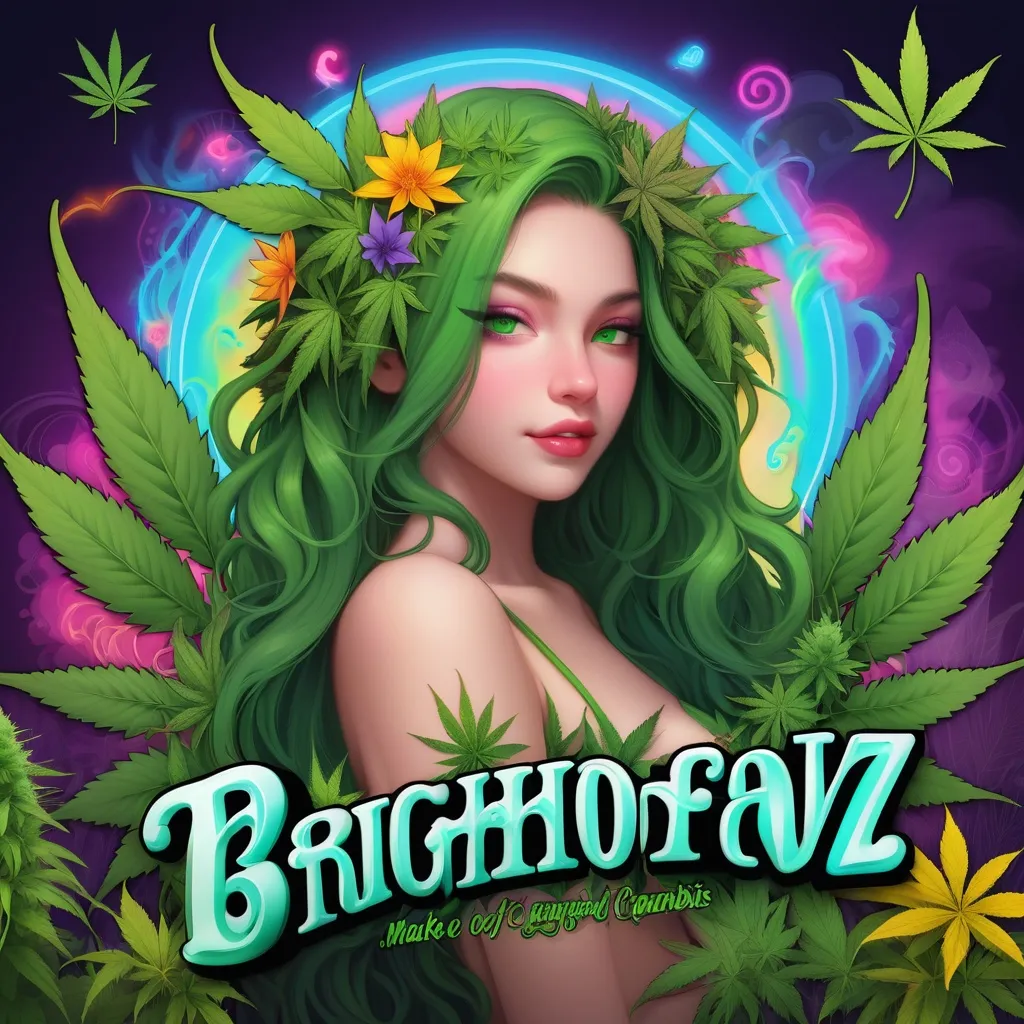 Prompt: Text: “BrightonFlavvz” in bold. Surrounded by cannabis sticky majestic buds and flower of cannabis. Make it green themed and cannabis themed.