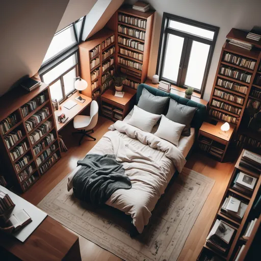 Prompt: a top view of a cozy bedroom with a library and study
