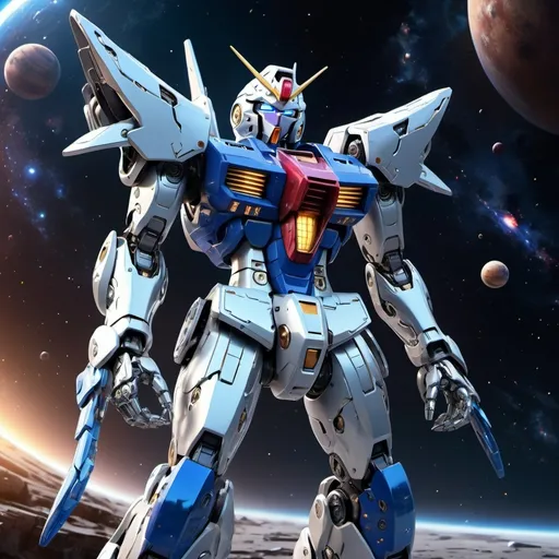 Prompt: (gundam-like robot), futuristic design, sleek metallic body, vibrant blue and silver color scheme, intricate mechanical details, (dynamic pose), sci-fi background with a cosmic space setting, vibrant stars and planets, (high quality), cinematic, ultra-detailed, dramatic lighting emphasizing the robot’s features, epic atmosphere filled with energy and motion.