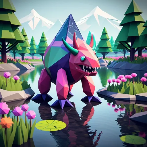 Prompt: Low poly style fully modular triangular shaped hugenormous sizzlipede monster also in sight with virtual poki-dex watch with wristband and seen from Wrist of ash in the near distance with the soothing rivers to the pond with neon flowers in the far distance