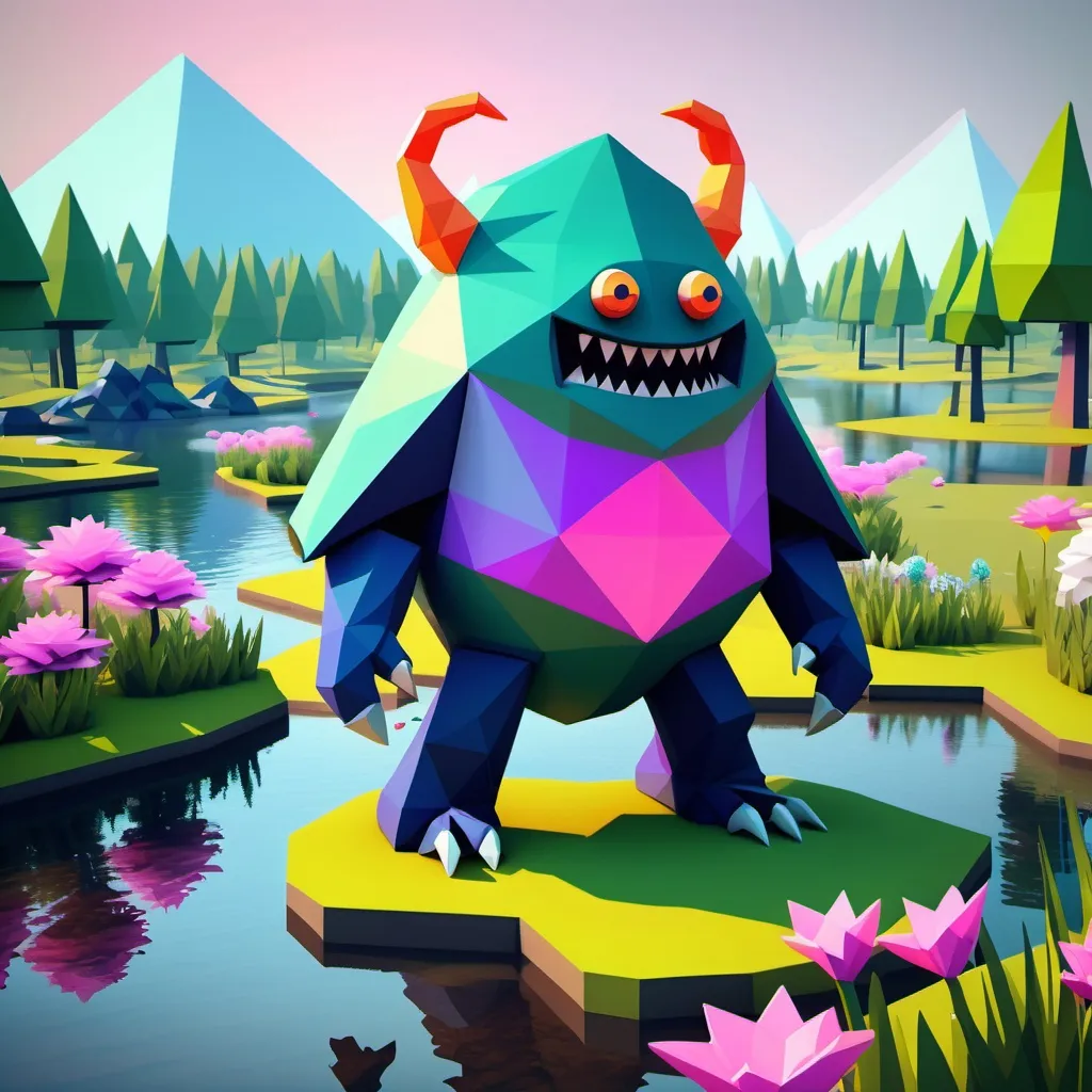 Prompt: Low poly style fully modular triangular shaped hugenormous sizzlipede monster with location target on virtual poki-dex watch with wristband and seen from Wrist of ash in the near distance with the soothing rivers in the far distance to the pond with neon flowers in the background 