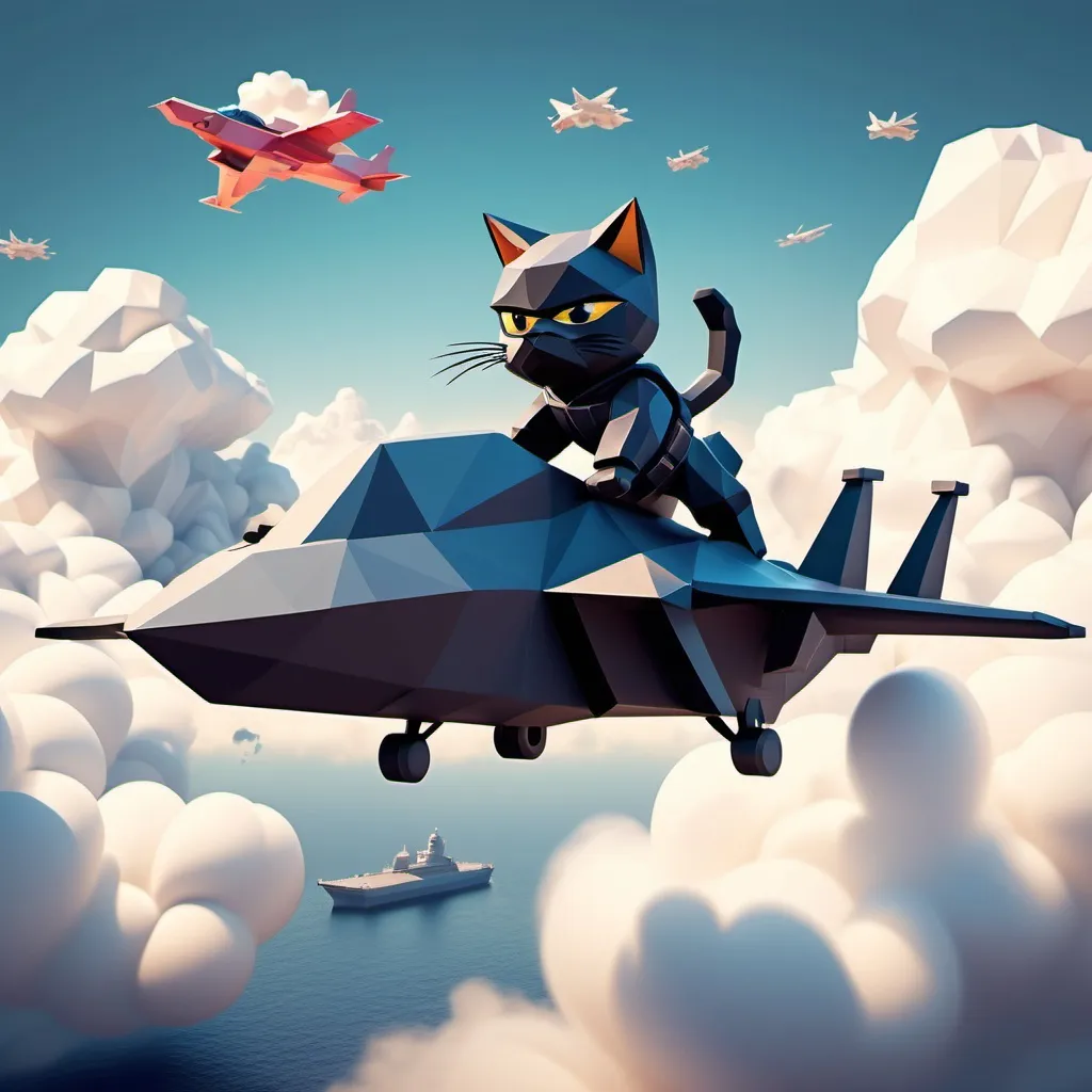 Prompt: Low poly style Ninja Cat flying jet in the clouds from aircraft carrier behind