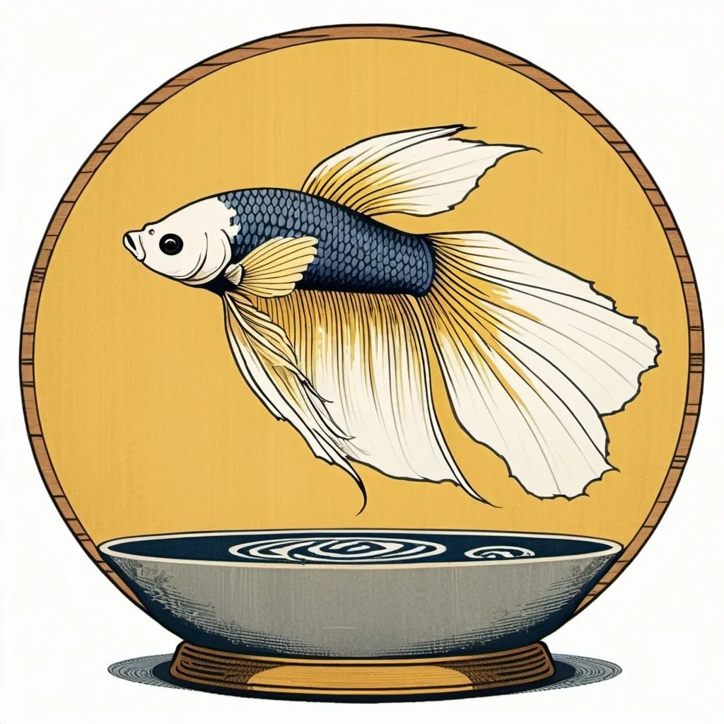 Prompt: 2d image yellow body white fins and tail , betta fish in a bowl , style : japanese  woodblock print ukiyo-e 