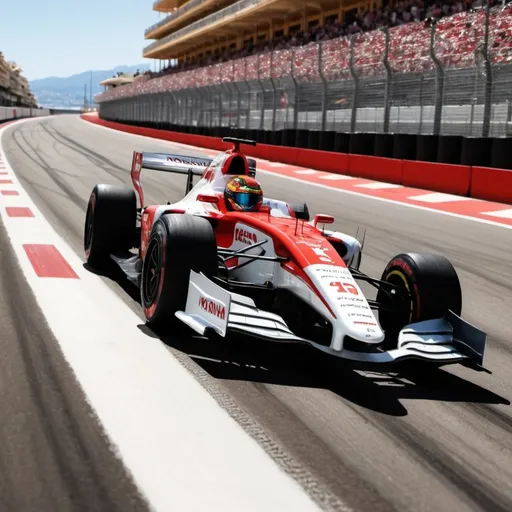 Prompt: generate a picture of a man in a  race car on the tracks of monaco grand prix winning first place in the race 