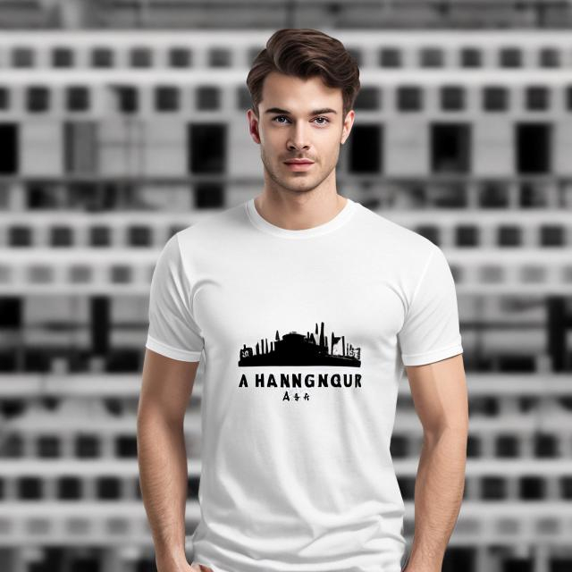 Prompt: / a beautiful hangar white t shirt mockup without any design. city background 