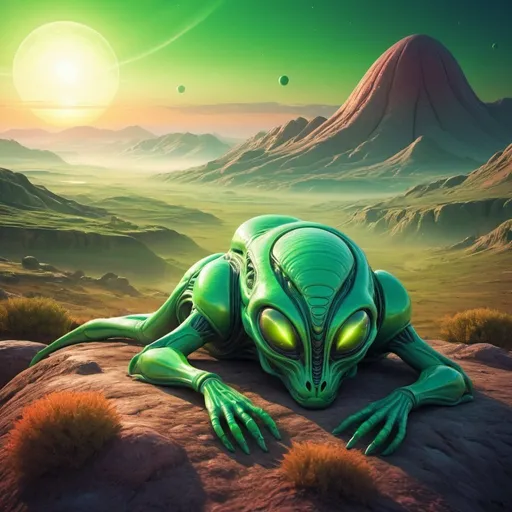 Prompt: Sleeping hexapodal green animal, alien world, sunrise over a beautiful valley, detailed alien landscape, vibrant and surreal colors, high-quality rendering, sci-fi, fantasy, alien sunrise, detailed eyes, surreal landscape, vibrant colors, atmospheric lighting