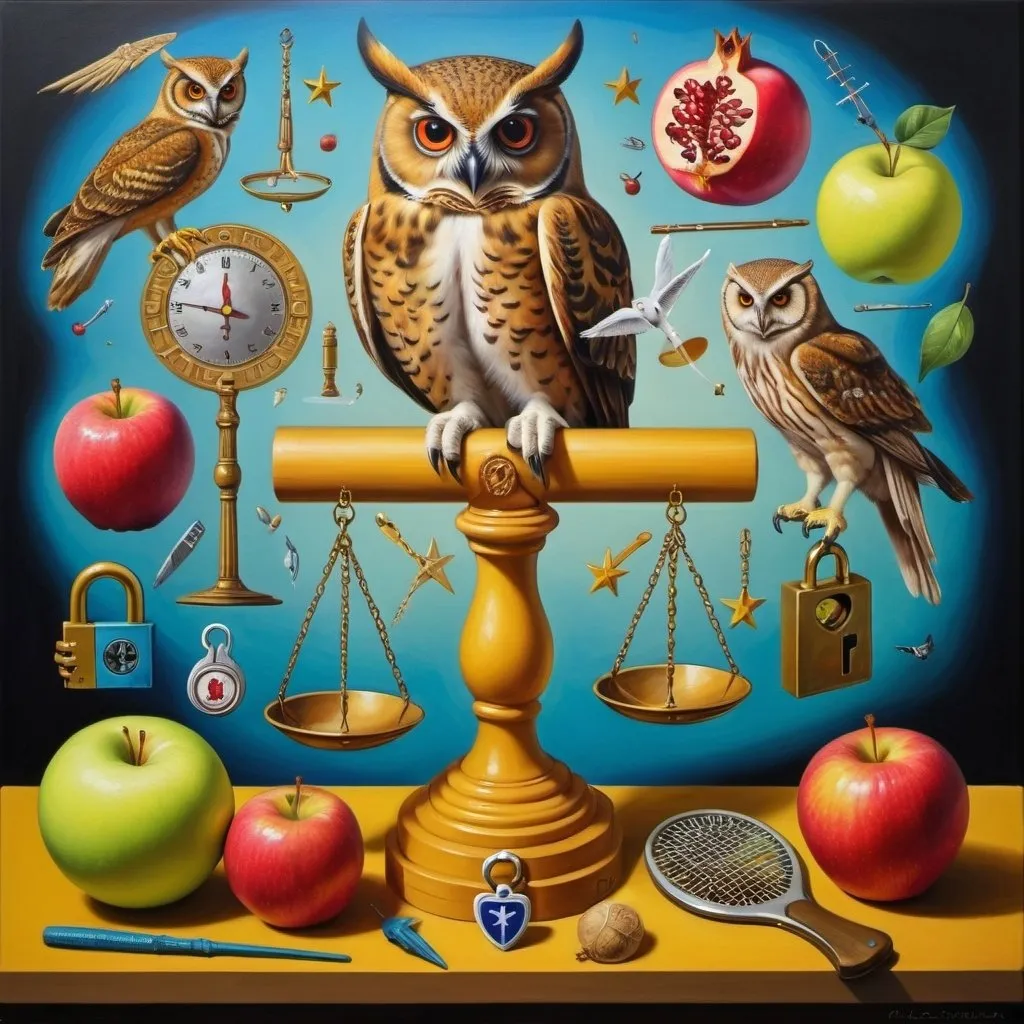 Prompt: surrealist colorfull painting with the following element: african broom, scale of justice, aviation badge, african comb, chewed apple, dna sequencing, a star, closed padlock, trophy, tennis ball,  an owl, Pomegranate.