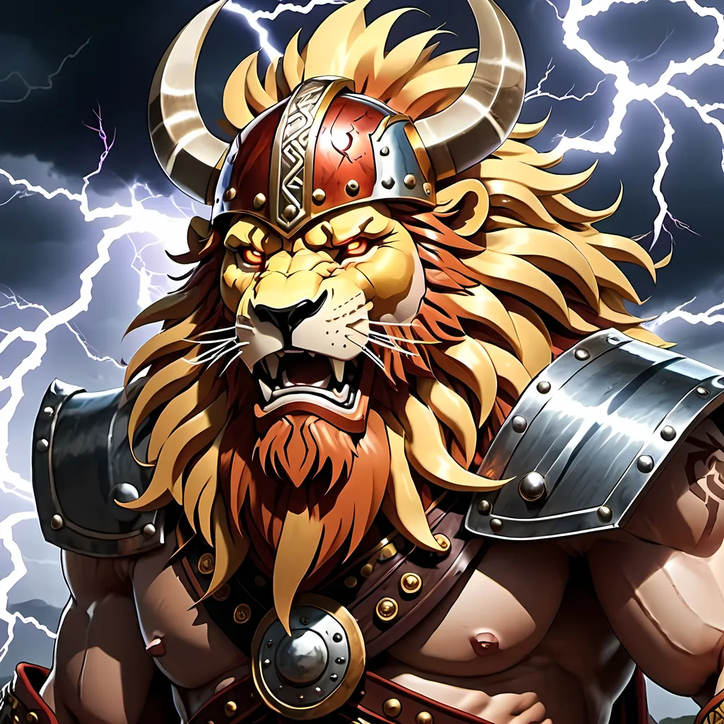 Prompt: Lion Viking Thunder god. anime lightning strike 