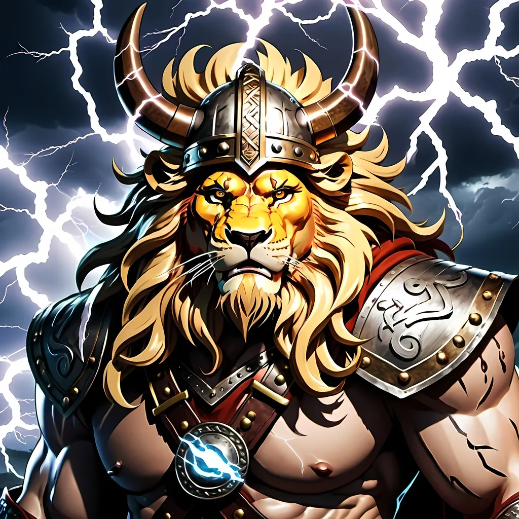 Prompt: Lion Viking Thunder god. anime lightning strike 