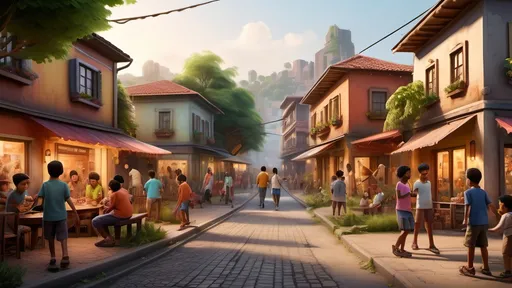 Prompt: Small settlement, (thriving community), people interacting, families and friends enjoying time together, (cinematic lighting), (hyper-realistic), colorful surroundings, welcoming environment, detailed architecture and greenery, vibrant atmosphere, (highly detailed), sense of community and joy, warm tones illuminating faces, children playing in the streets, serenity and friendliness encapsulated.