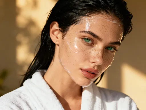 Prompt: Your job is to showcase the natural model, black hair green eyes and freckles with almond eyes, just after removing a leave-on mask, retaining the exact pose with a thin film of product still visible. Maintain all other elements — youthful facial features, defined lips, soft sunlight, glossy skin texture, and relaxed spa white towel outfit.
